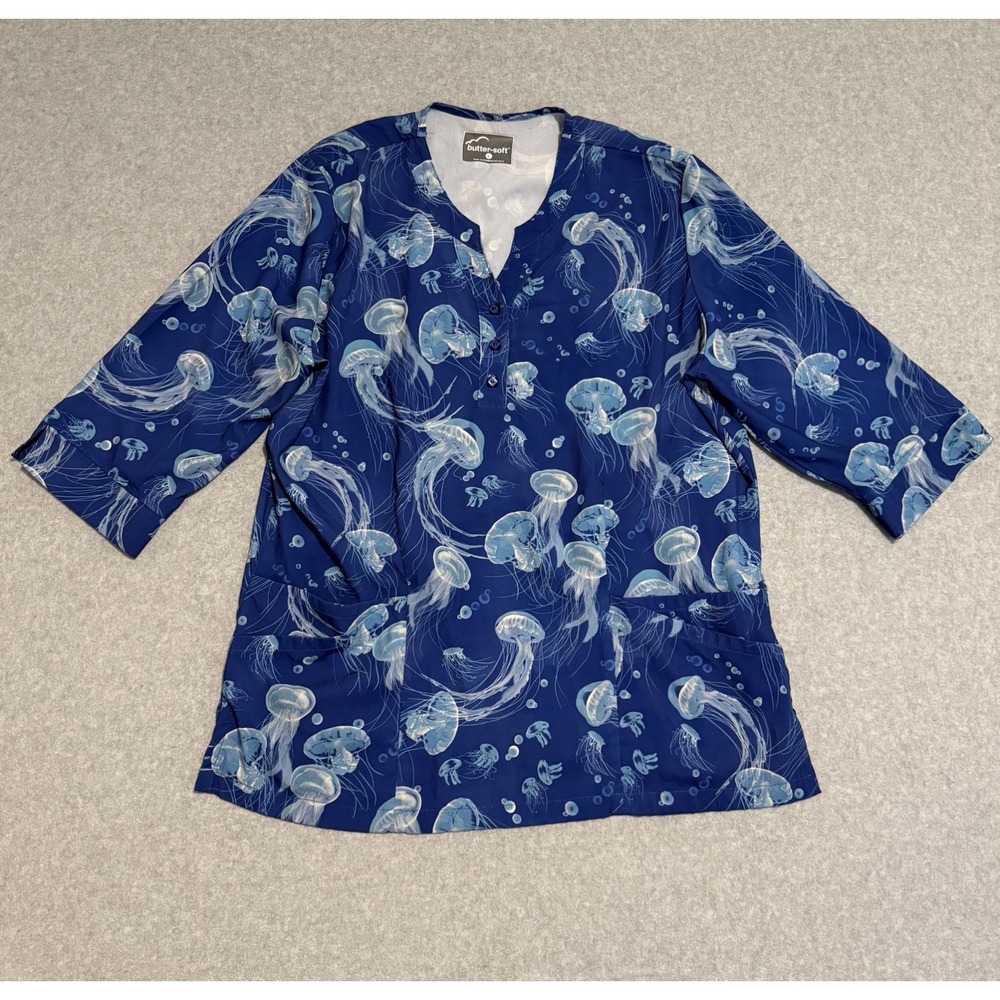 Buttersoft Scrub Top Womens Large Jellyfish Active Stretch Pockets 1/2 Sleeve